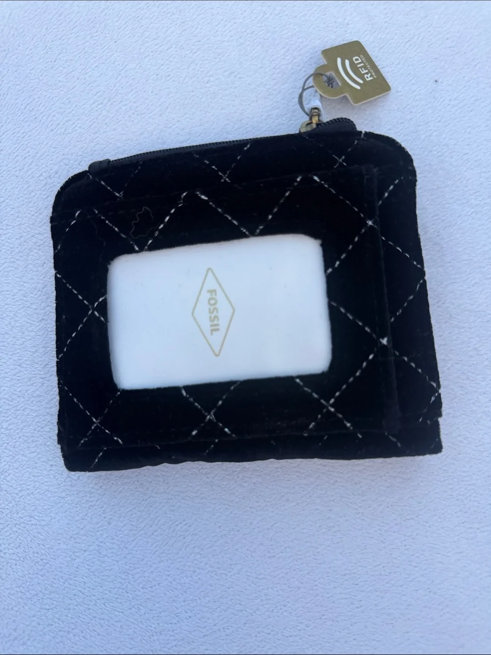 Fossil Black Quilted Zip Coin Wallet with Gold Accents